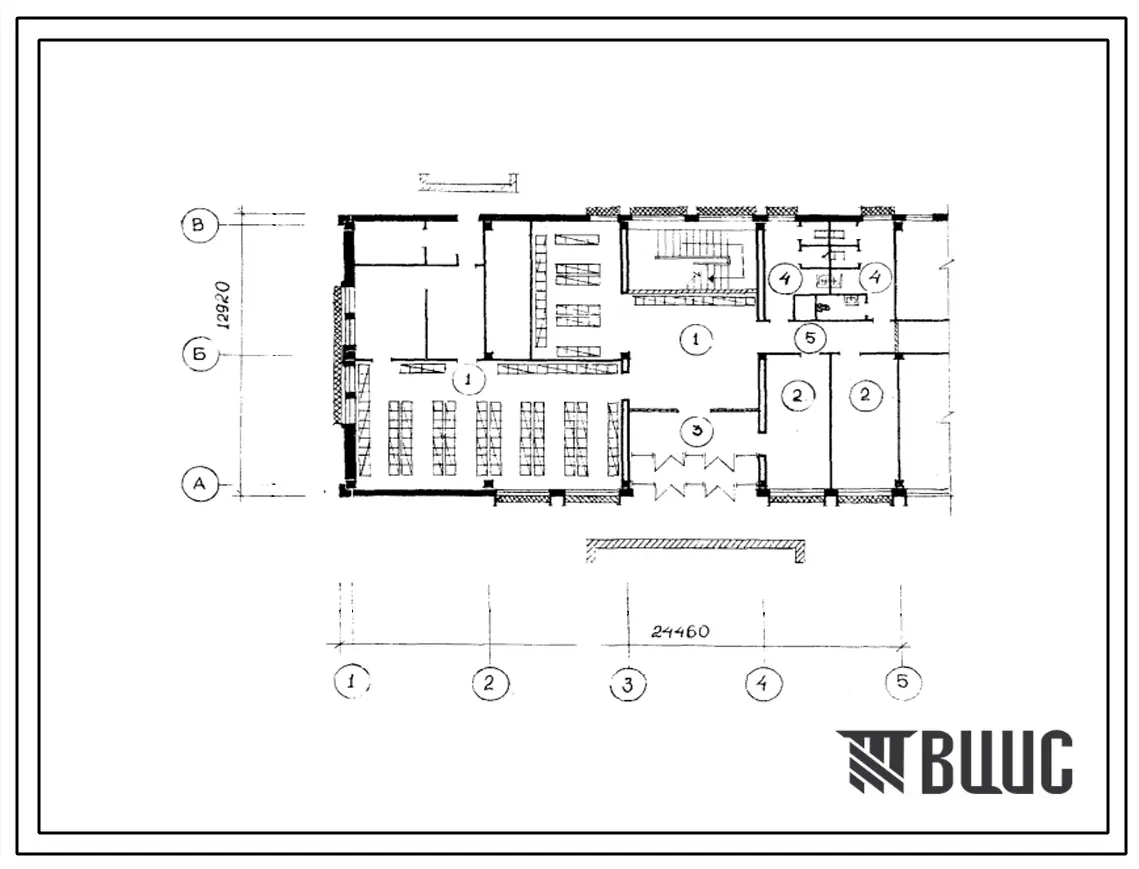 Типовой проект Б-3-205(262-21-33с) Двойное использование помещения первого этажа универсального административного здания на 200 сотрудников, (убежище на 205 человек, размеры убежища 24,46м на 12,92м, режимы вентиляции 1,2).