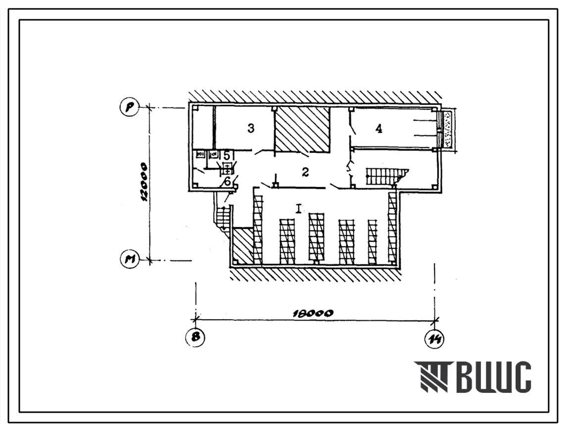 Типовой проект П-2-100(816-1-92.13.86) Вспомогательные помещения подвала ремонтной мастерской с пунктом технического обслуживания и материально-техническим складом, (убежище на 100 человек, размеры убежища 12м на 10м, режим вентиляции 1,2).