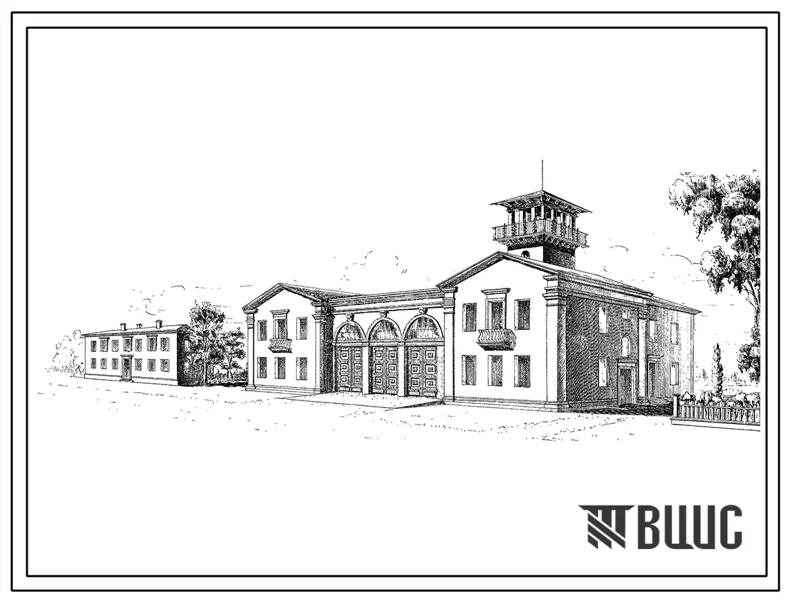 Типовой проект ПД-2 Пожарное депо на три автомашины для районных центров. Стены из кирпича.