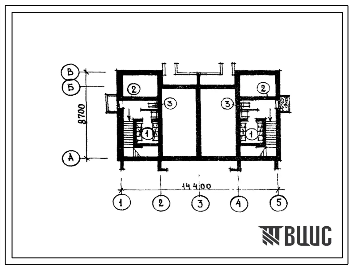 Типовой проект П-4-20-(141-88-31(1)) Помещения , приспосабливаемые од ПРУ в подвале жилого дома 2-этажного 2-квартирного  с квартирами 4Б-4Б в двух уровнях, (убежище на 20 человек, размеры убежища 14,4м на 8,7м, режимы вентиляции 1,2).