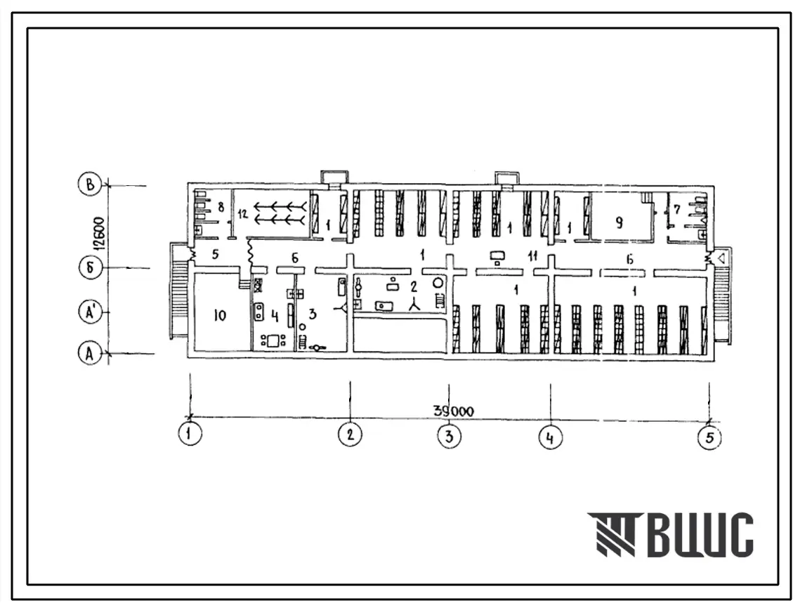 Типовой проект П-4-306(214-1-380сп.13.86) Хозяйственно-бытовые помещения в подвале детских яслей-садов на 95 мест, (убежище на 306 человек, размеры убежища 39м на 12,6м, режимы вентиляции 1,2).