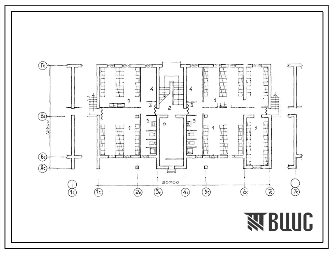 Типовой проект П-2-220(17-0109с.13.87) Подсобные помещения подвала 2-этажной 4-квартирной рядовой блок-секции р-3.4 со стенами из крупных легкобетонных блоков, (убежище на 220 человек, размеры убежища 20,7м на 12,6м, режимы вентиляции 1,2,3).