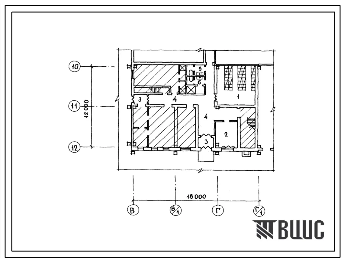 Типовой проект П-4-50(701-2-29.85) Вспомогательные помещения первого этажа главного корпуса для хранения непродовольственных товаров складской площадью 2500 м2, (убежище на 50 человек, размеры убежища 18м на 12м, режимы вентиляции 1).