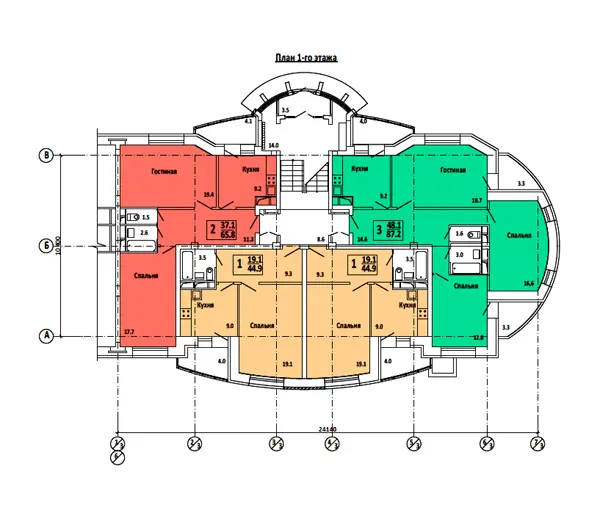 Типовой проект 5П-Ж-2011 Блок-секция 5-ти этажная, торцевая правая 20-квартирная 1-2-3-1.Общая площадь квартир