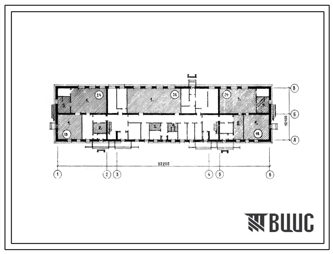 Типовой проект Б-3-120(214-2-162) Двойное использование помещений 1 этажа детских яслей-сада на 140 мест, (убежище на 120 человек, размеры убежища 52,2м на 12,1м, режимы вентиляции 1,2).