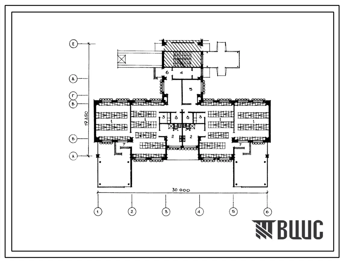 Типовой проект П-5-184(211-2-100с) Помещения первого этажа детских яслей-сада на 160 мест, (убежище на 184 человек, размеры убежища 30м на 19,35м, режимы вентиляции 1,2,3).