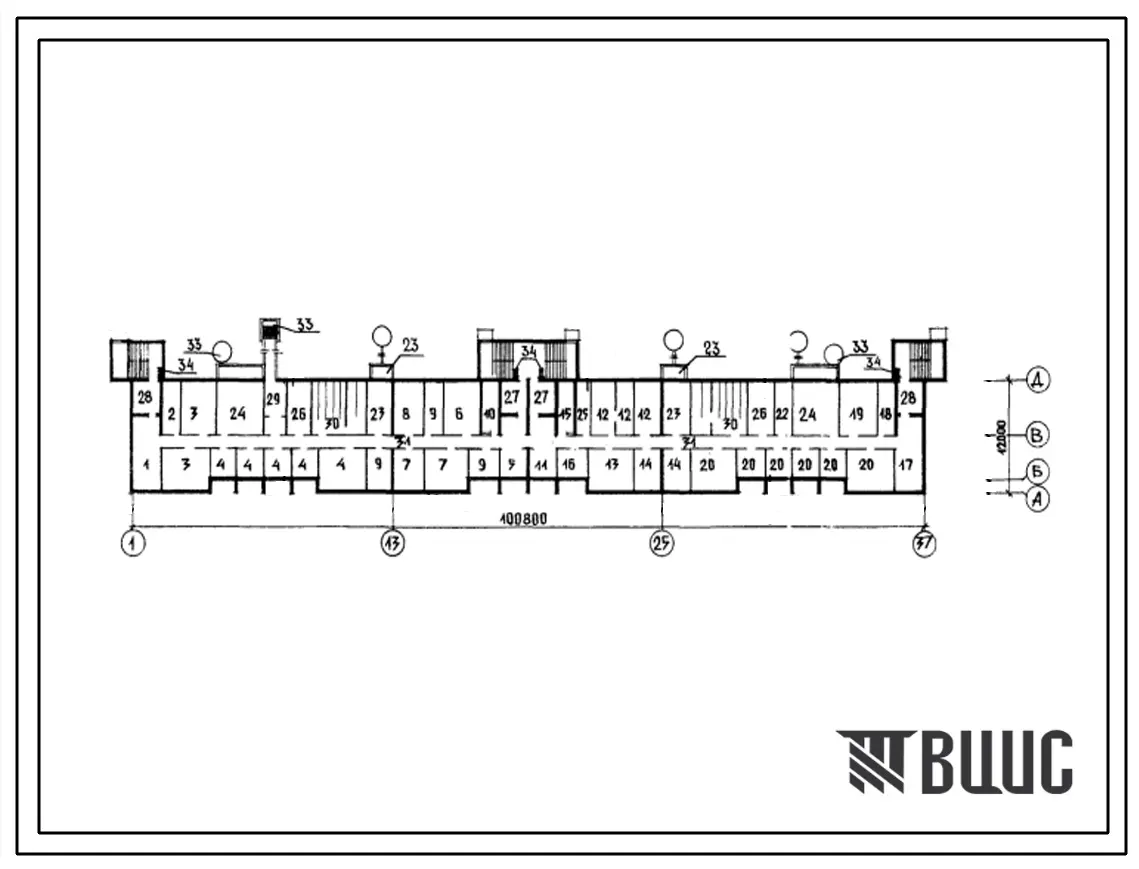 Типовой проект А-IV-1400-79/194 Помещения  общественного назначения в подвале 5 этажного 6 скомпонованного из блок-секций 84-036/1, (убежище на 1400 человек, размеры убежища 100,8м на 12м, режимы вентиляции 1,2).