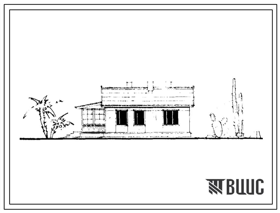 Типовой проект 1-50А-20 Одноэтажный одноквартирный жилой дом с квартирой в 3 комнаты с упрощенным  благоустройством, стены из арболитовых блоков.
