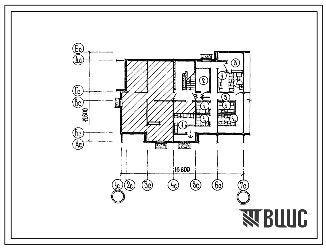 Типовой проект П-5-49(210-026,2) Бытовые помещения в подвале четырехэтажной 8 квартирной торцовой блок-секции с квартирами 3б-4б (левой), (убежище на 49 человек, размеры убежища 16,8м на 12,6м, режимы вентиляции 1,2).