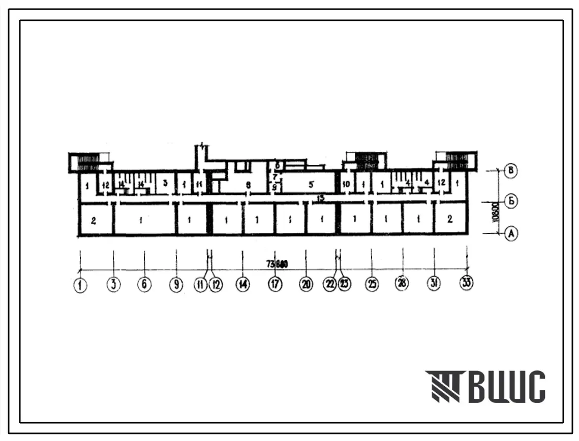 Типовой проект А-IV-832-197(1УЗ-500ТСП-2/1.2) Культурно-бытовые помещения в подвале 4-этажного 6-секционного  жилого дома на 56 квартир, (убежище на 832 человек, размеры убежища 73,8м на 10,8м, режимы вентиляции 1,2).