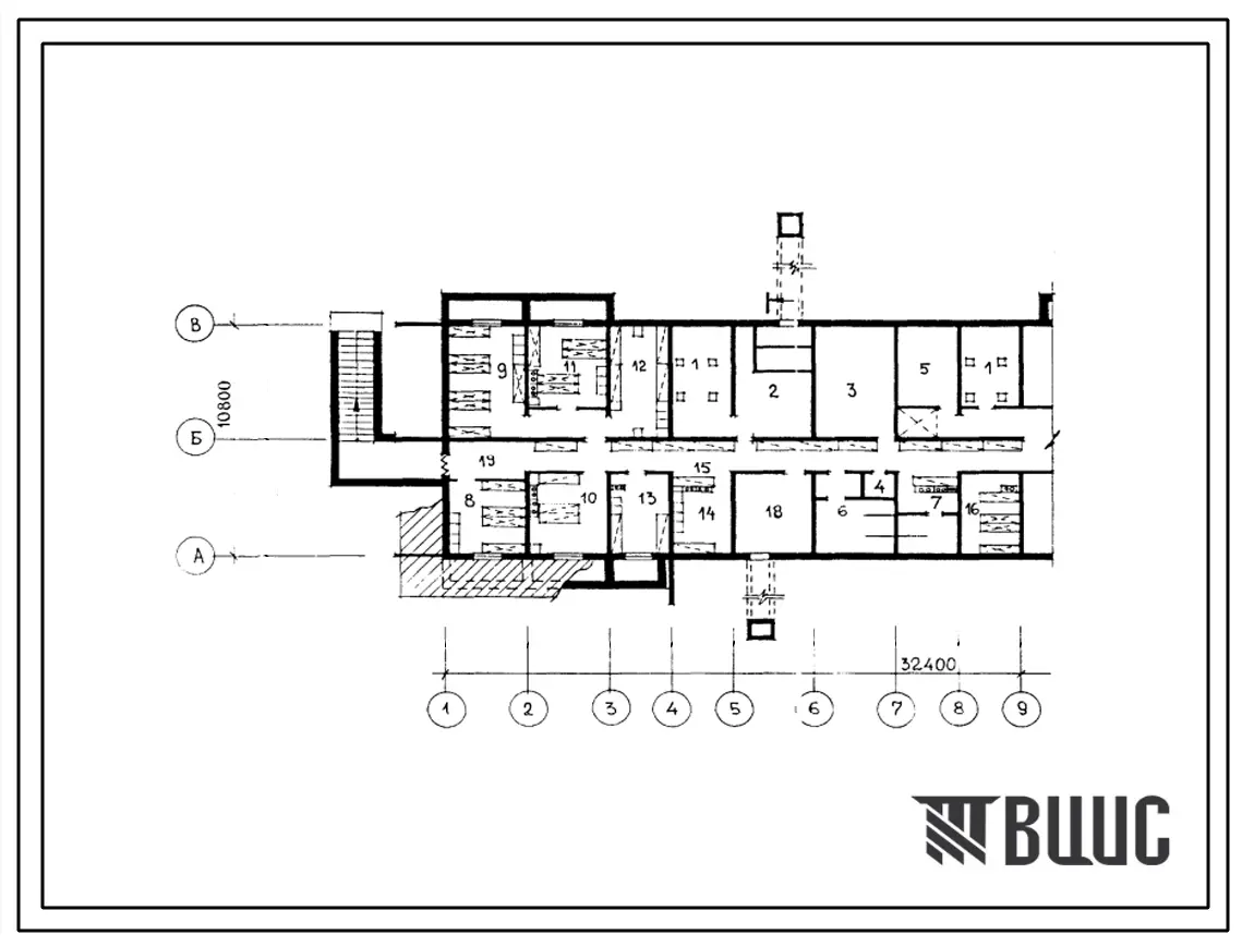 Типовой проект П-4-333(76-090сп.85 76-091сп.85) Помещения общественного назначения, размещаемые в подвале 9-этажного жилого дома, скомпонованного из блок-секций серии 76, (убежище на 333 человек, размеры убежища 32,4м на 10,8м, режимы вентиляции 1,2).