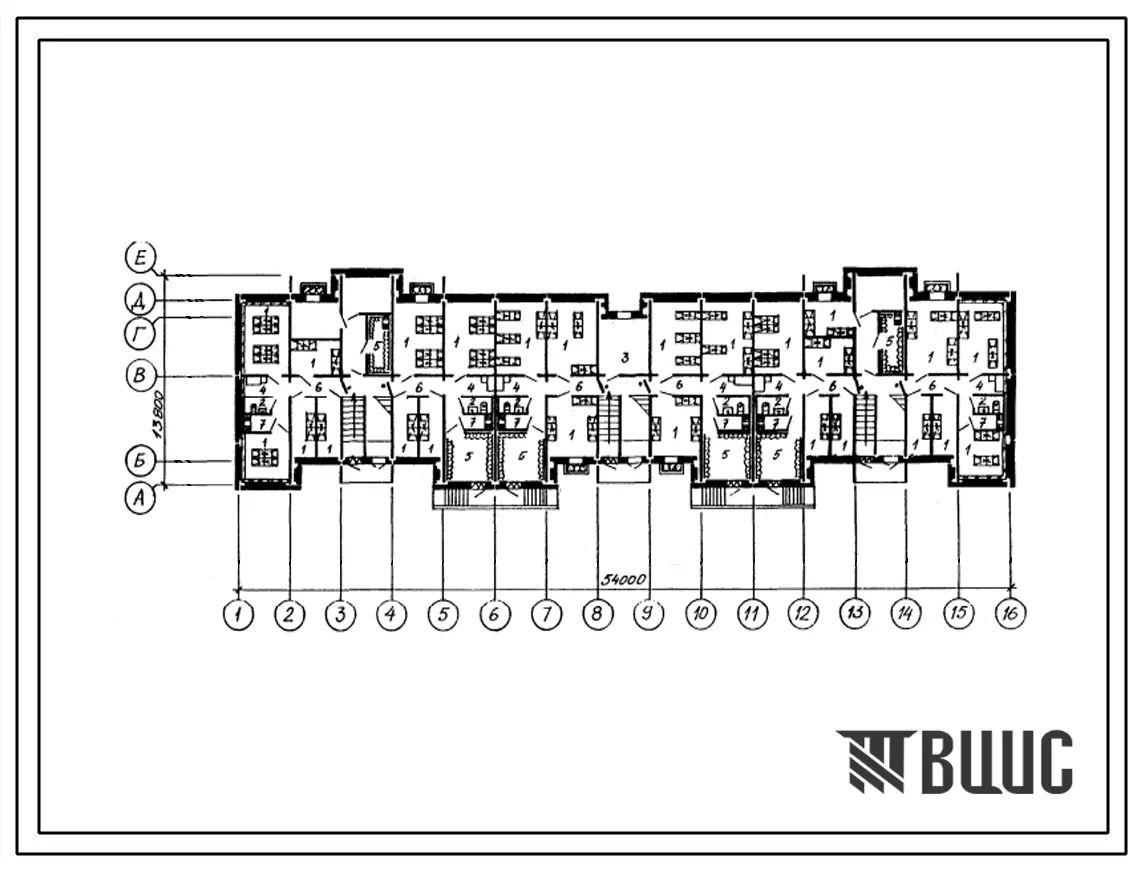 Типовой проект П-5-300(111-210-57.13.90) Хозяйственные помещения в подвале четырехэтажного секционного 32-квартирного жилого дома с квартирами 1-2-3-4, (убежище на 300 человек, размеры убежища 54м на 13,8м, режимы вентиляции 1,2).