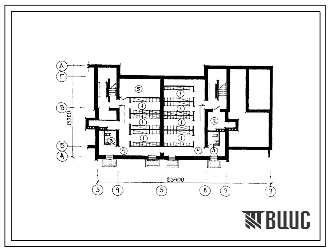 Типовой проект П-4-105(113-88-371.2) Бытовые помещения в подвале жилого дома 2-этажного 2-секционного 8-квартирного с квартирами 3А-4Б, (убежище на 105 человек, размеры убежища 23,4м на 13,2м, режимы вентиляции 1,2).