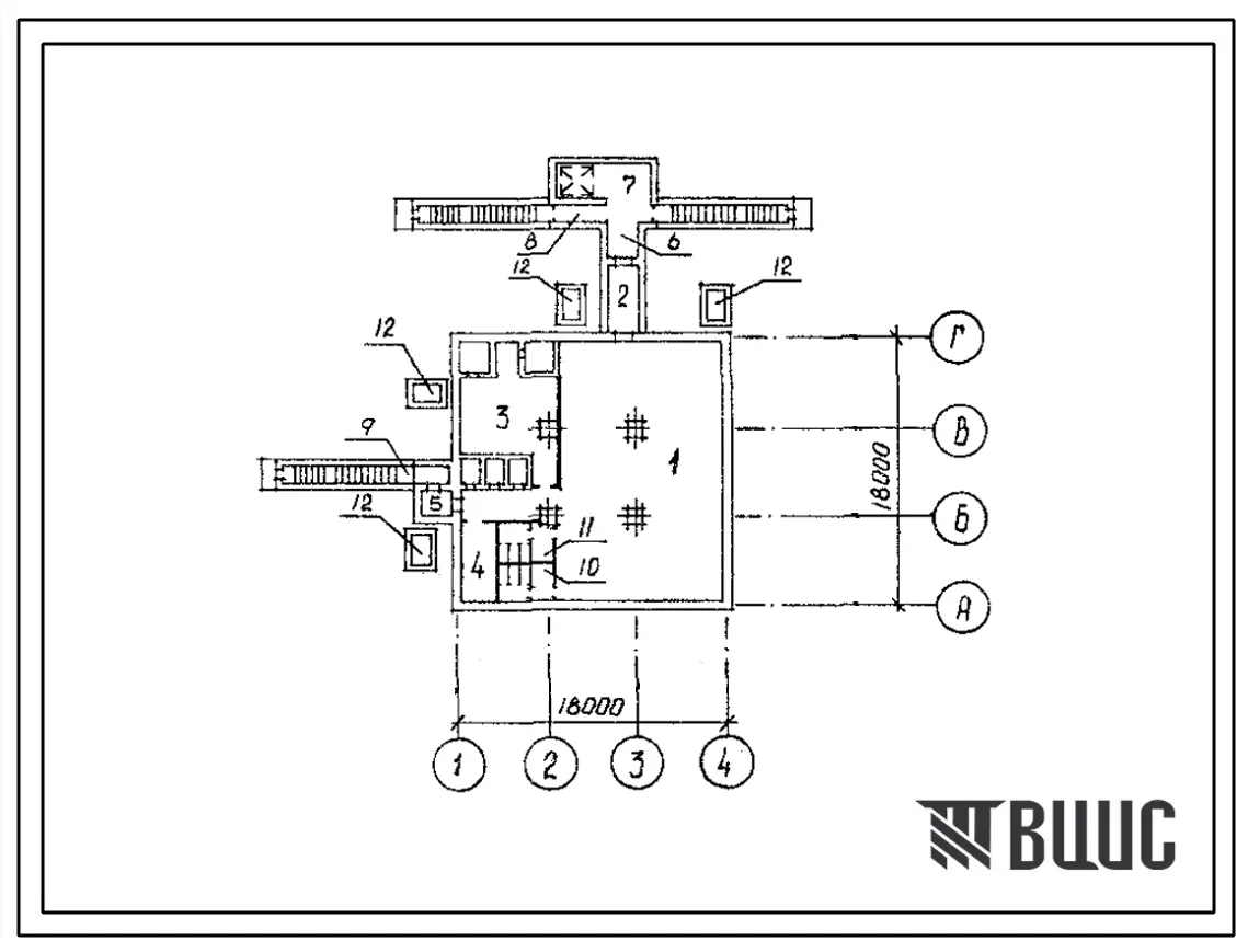 Типовой проект А-IV-450-269.84 Склад материалов и оборудования. Стены из железобетонных панелей по серии У-01-02/80 (для сухих и водонасыщенных грунтов), (убежище на 450 человек, размеры убежища 18м на 18м, режимы вентиляции 1,2).