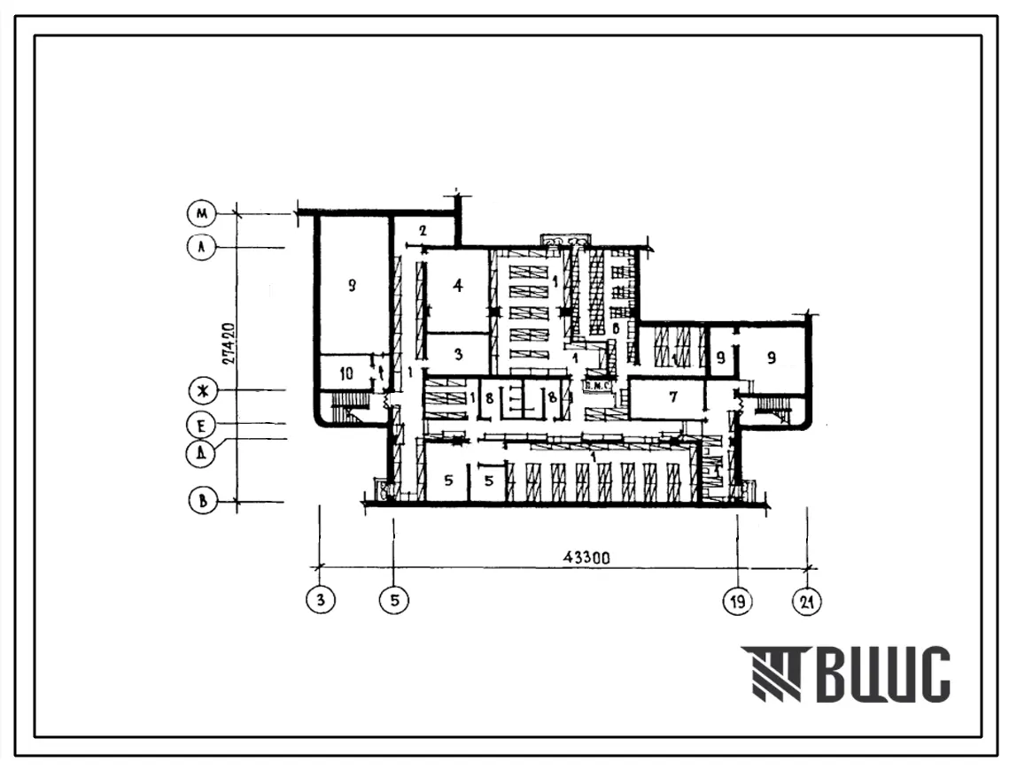 Типовой проект П-4-410(224-1-442.85) Хозяйственно-бытовые помещения  в подвале средней школы на 22 классов (834-864 учащихся), (убежище на 410 человек, размеры убежища 43,3м на 27,4м, режимы вентиляции 1,2).