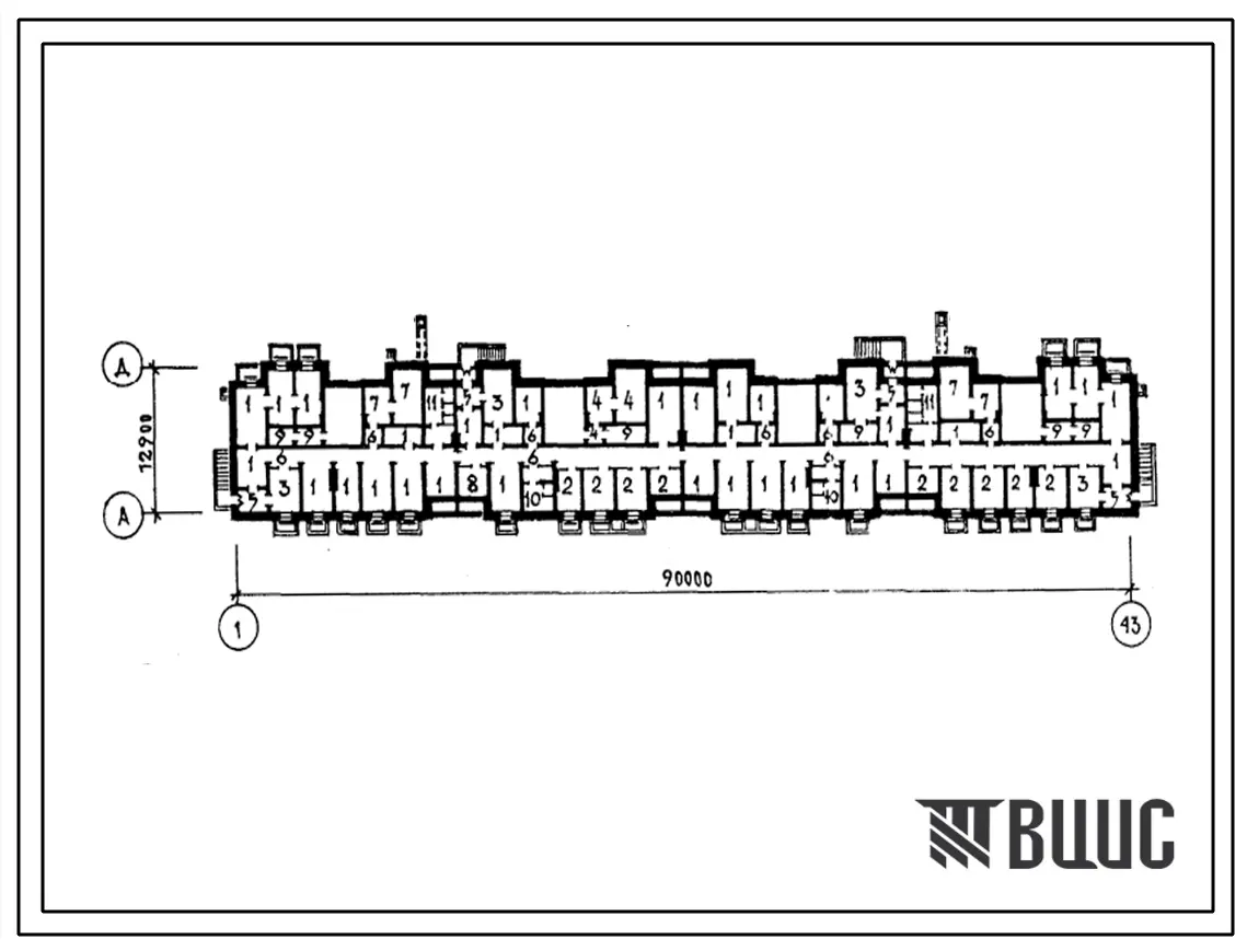 Типовой проект Б-2-700(111-94-43.75.2) Хозяйственно-бытовые помещения в подвале стационара детского инфекционного корпуса на 150 коек (в конструкциях иис-04), (убежище на 700 человек, размеры убежища 90м на 12,9м, режимы вентиляции 1,2,3).