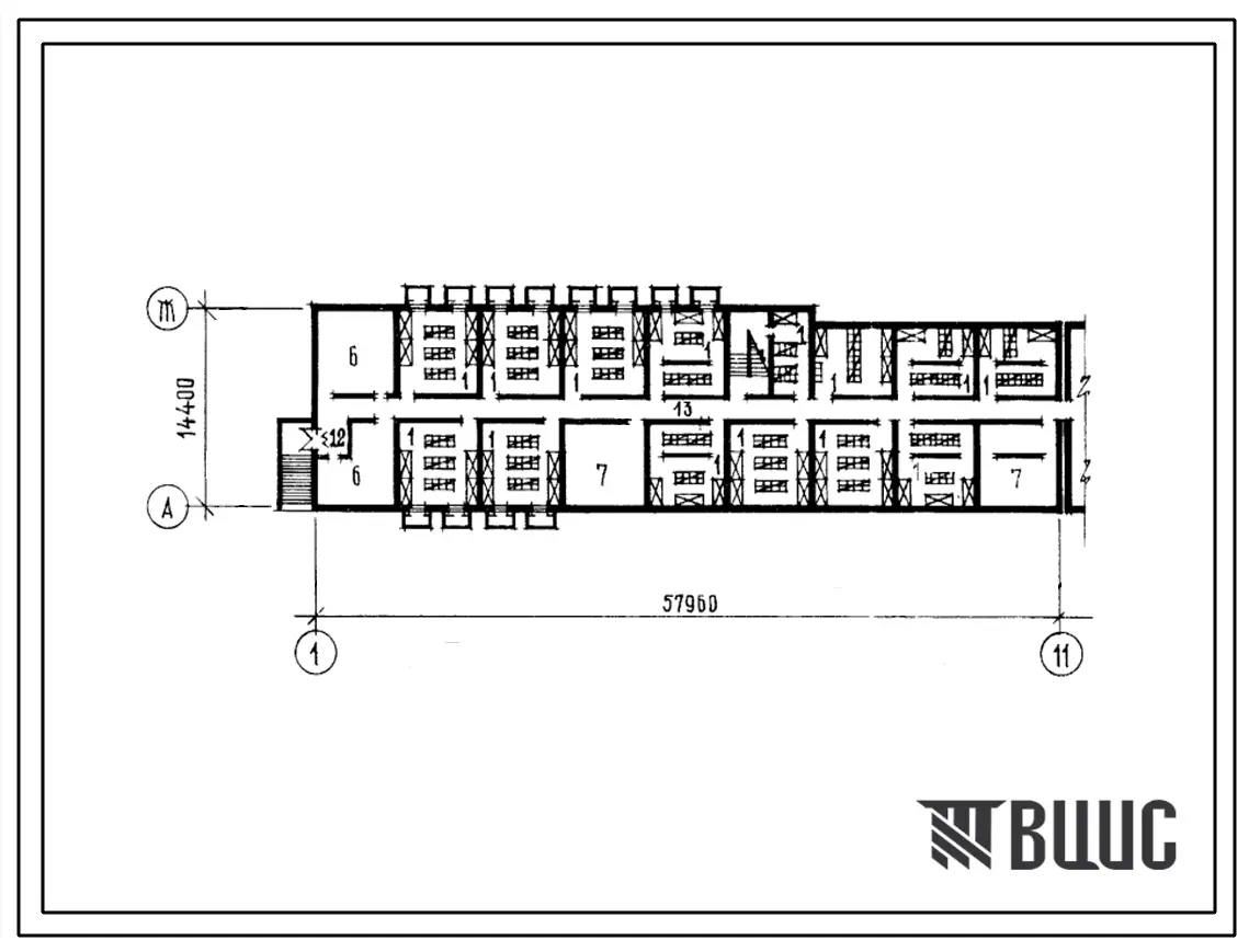 Типовой проект П-3-1300(244-2-12) Хозяйственно-бытовые помещения в подвале спального корпуса для дома отдыха на 1028 мест, (убежище на 1300 человек, размеры убежища 57,96м на 14,4м, режимы вентиляции 1,2).