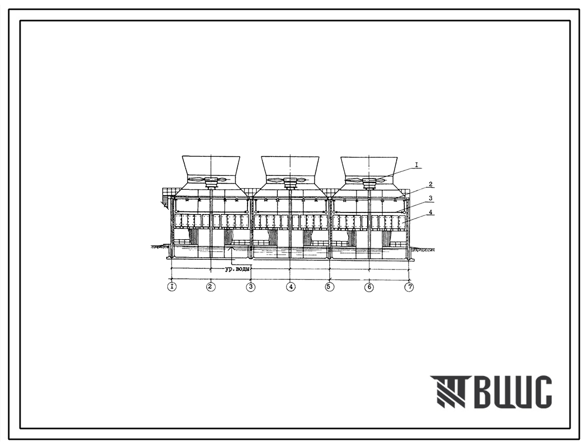 Типовой проект 901-6-95с.86 Градирня трехсекционная с вентиляторами 2ВГ70 брызгальная с секиями площадью 192 кв.м со стальным каркасом