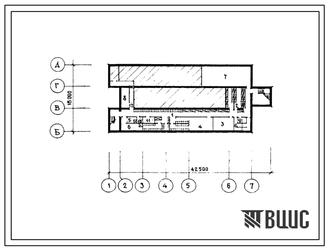 Типовой проект П-4-210(244-05-96.88) Хозяйственно-бытовые помещения подвала клуба-столовой для пионерских лагерей-баз отдыха на 160-120 мест со стенами из кирпича, (убежище на 210 человек, размеры убежища 42,5м на 18м, режимы вентиляции 1,2,3).