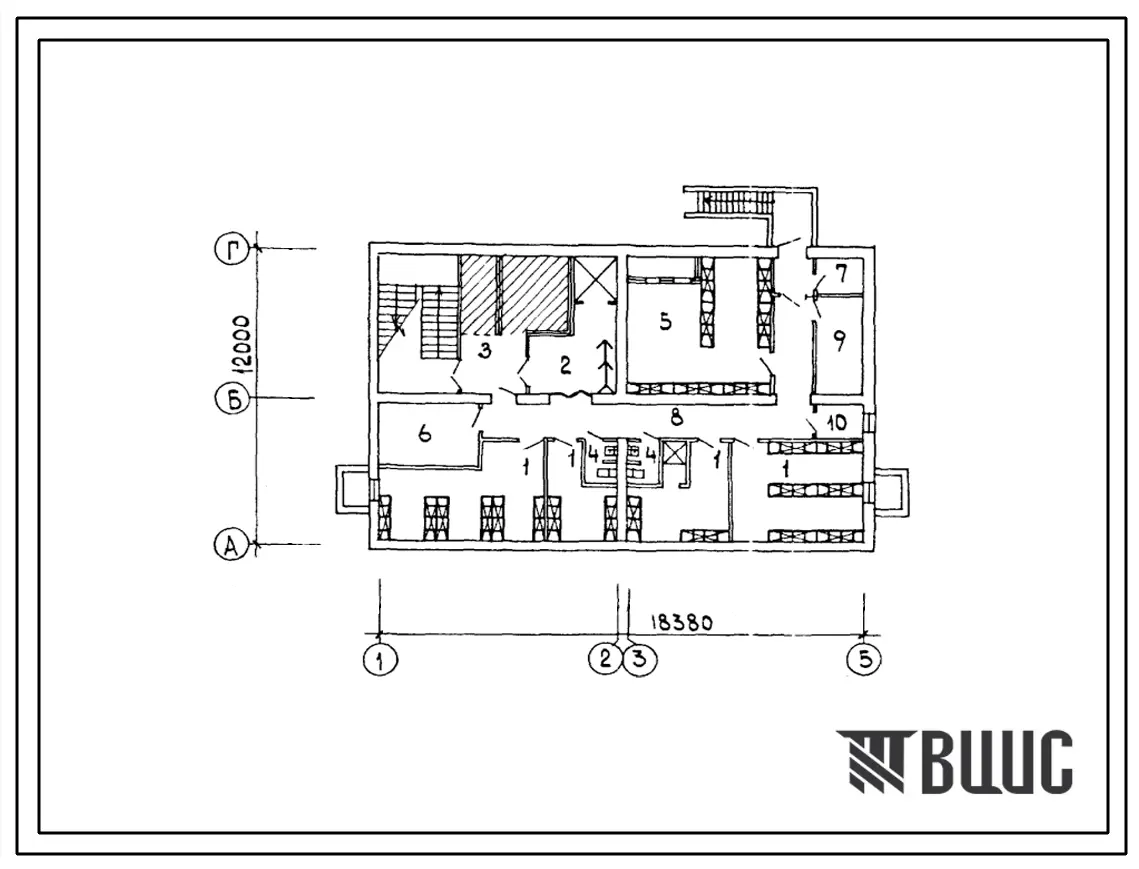 Типовой проект П-4-115(274-31-97сп.13.86) Подсобные помещения в подвале общественного центра сельского населенного пункта тип 1, (убежище на 115 человек, размеры убежища 18,38м на 12м, режимы вентиляции 1,2).