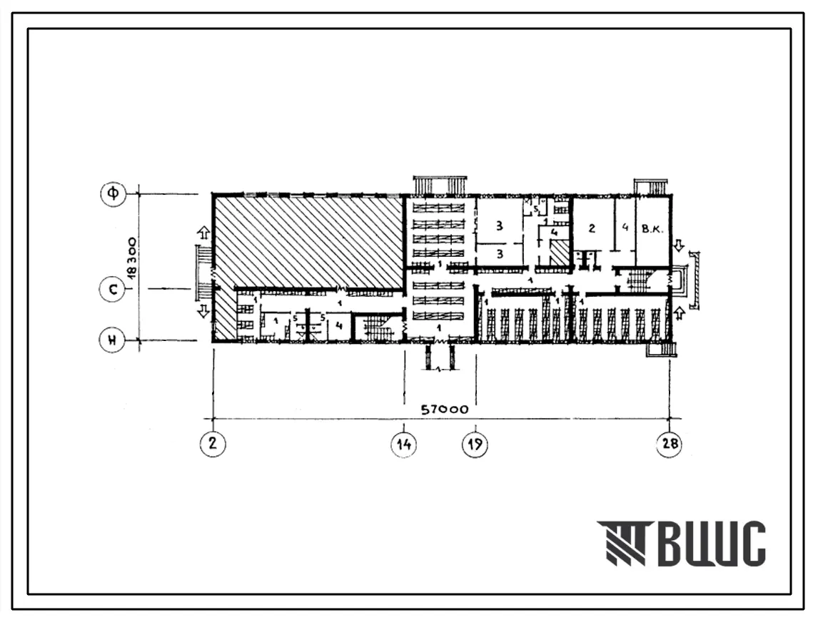 Типовой проект П-5-595(223-1-552с.13.87) Помещения первого этажа общеобразовательной трудовой политической школы с продленным днем на 13 классов, (убежище на 595 человек, размеры убежища 57м на 18м, режимы вентиляции 1,2).