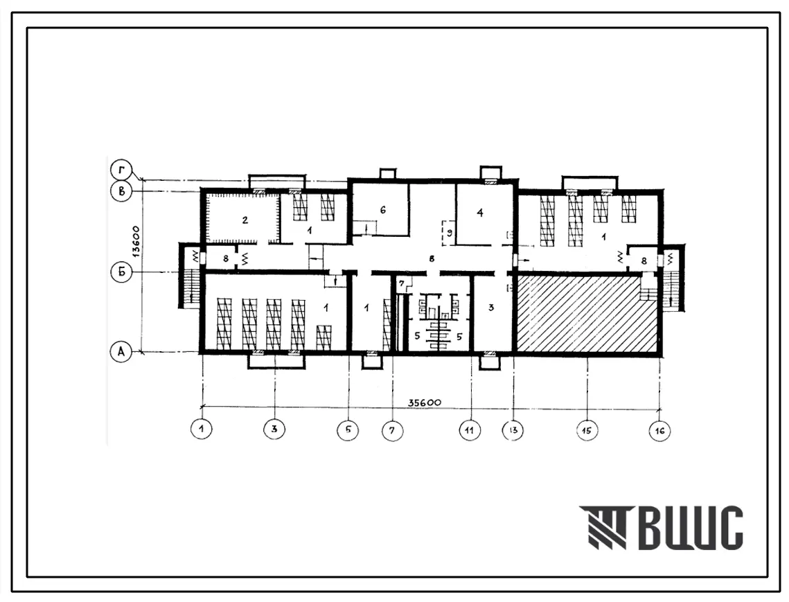Типовой проект П-2-180(213-1-367с.13.86) Хозяйственно-бытовые помещения в подвале детских яслей-сада га 140 мест, (убежище на 180 человек, размеры убежища 35,6м на 13,6м, режимы вентиляции 1,2,3).