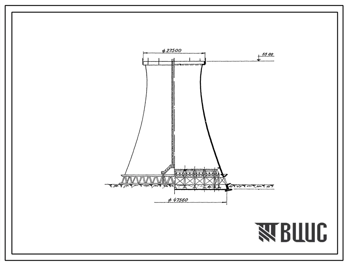Типовой проект 901-6-13 Гиперболическая башенная градирня площадью орошения 1520 м2 с трубчатым водораспределением и 2-х ярусным асбестоцементным оросителем.