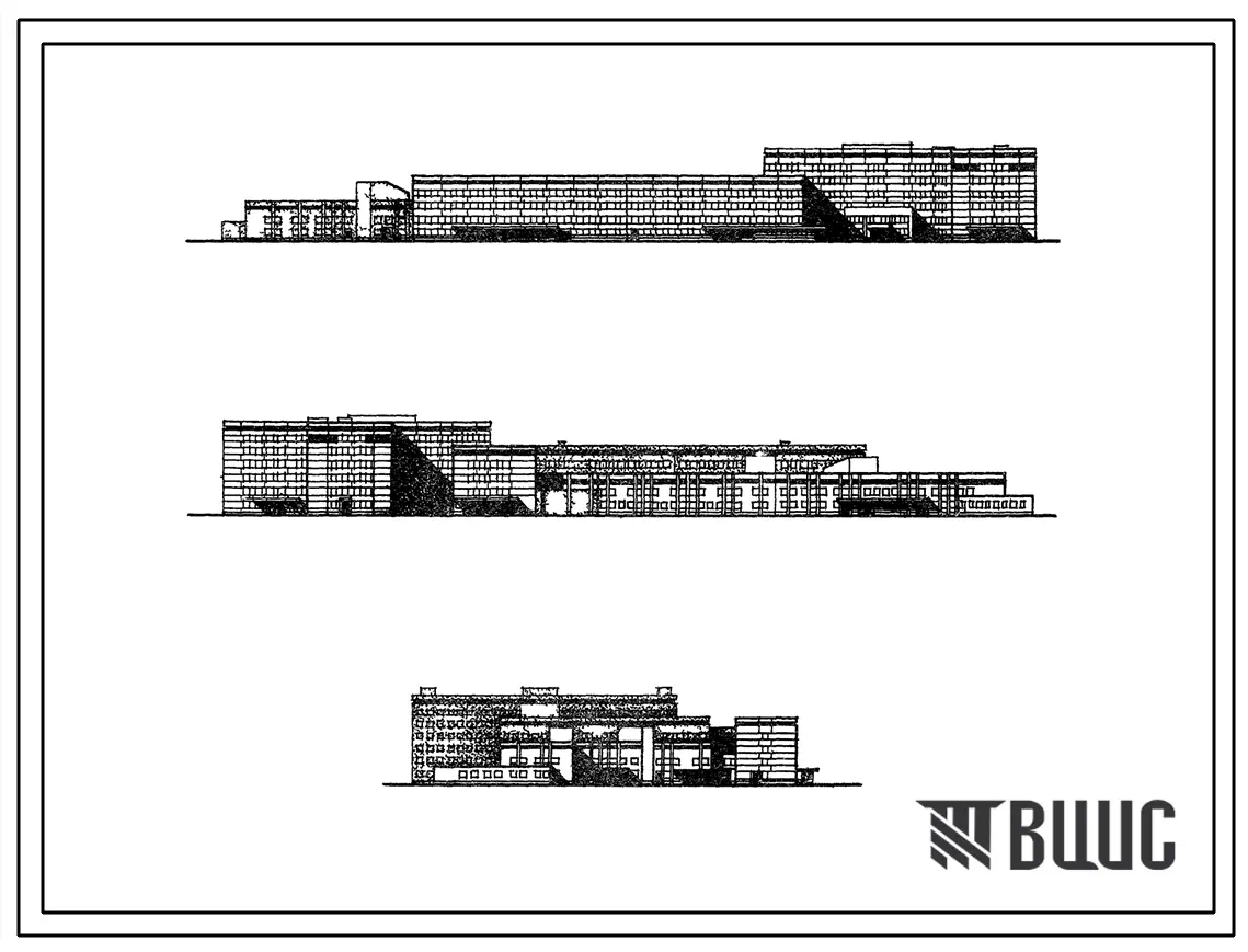 Типовой проект 252-1-113 Главный корпус  районной больницы на 400 коек с поликлиникой на 600 посещений в смену. Здание  двух -,  шестиэтажное. Каркас сборный железобетонный по серии ИИ-04.  Стены из легкобетонных панелей и  кирпича.