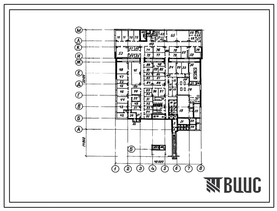 Типовой проект В-IV-150(80(4) Заглубленное здание вспомогательного назначения, (размеры убежища 52,1м на 42м, режимы вентиляции 1,2).