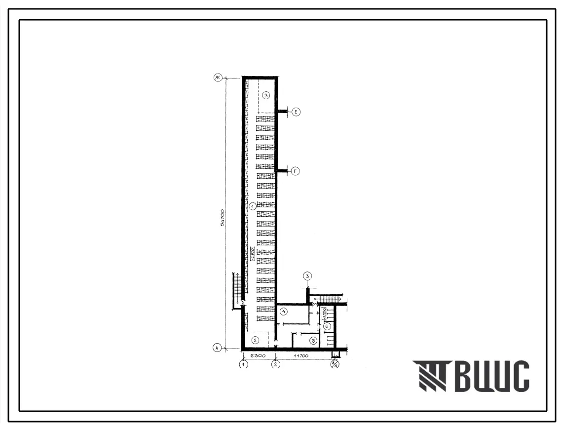 Типовой проект П-4-570(255-1-498.13.86) Помещения тира в подвале общеобразовательной школы на 13 классов (504 учащихся) со стенами из камня известняка-ракушечника, (убежище на 570 человек, размеры убежища 54,7м на 18м, режимы вентиляции 1,2).