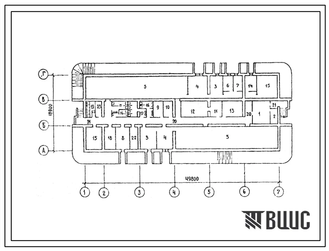 Типовой проект П-4-450-361с.13.89 Помещения общественного назначения , размещаемые в отдельно стоящем полузаглубленном сооружении, (убежище на 450 человек, размеры убежища 49,8м на 18,9м, режимы вентиляции 1,2,3).