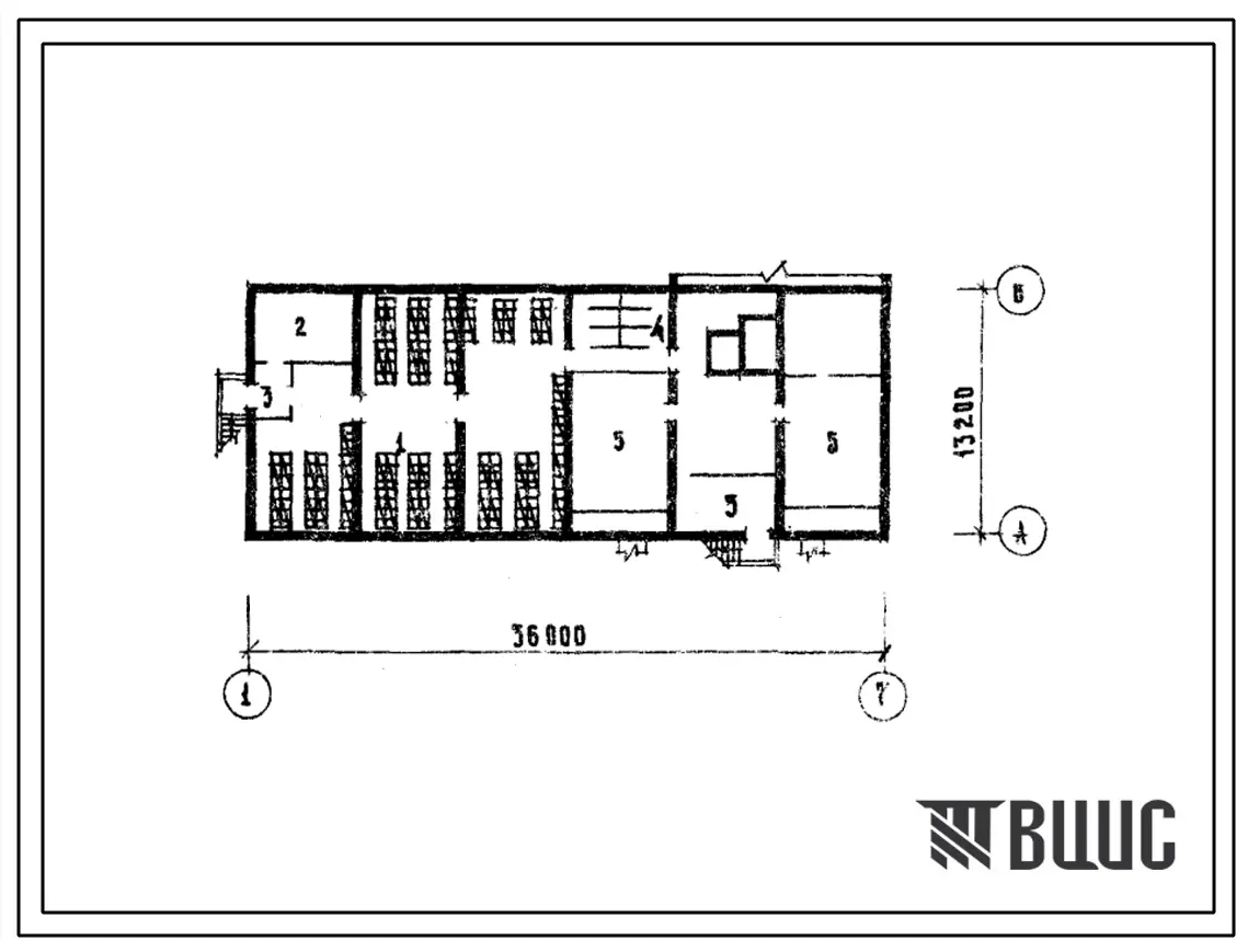 Типовой проект Б-1-300(254-4-24с) Двойное использование помещений подвала поликлиники на 380 посещений  в смену со стенами из кирпича, (убежище на 300 человек, размеры убежища 36м на 13,2м, режимы вентиляции 1,2).