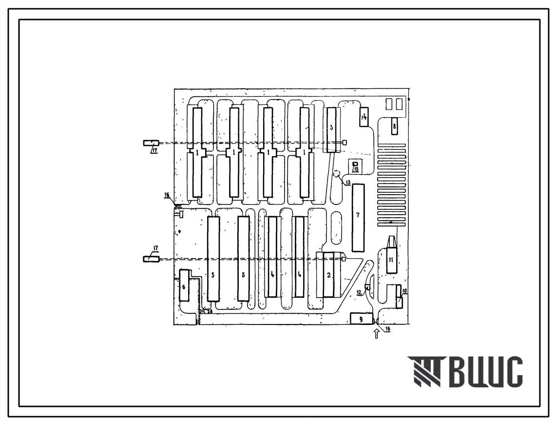 Типовой проект 819-62 Схема планировки свиноводческой фермы с законченным производственным циклом на 100 и 200 основных маток (вариант с кормлением маток в специальном помещении). Для строительства в районах с расчетной наружной температурой -20, 30 и -40