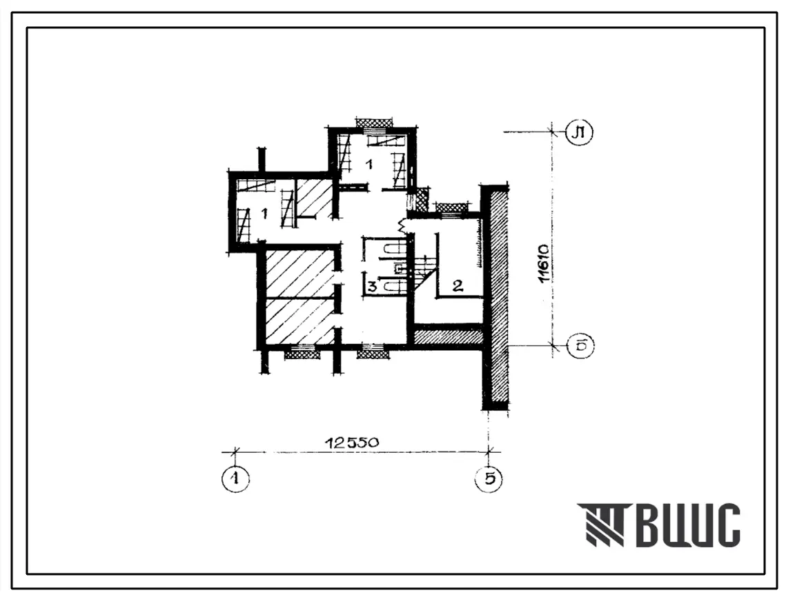 Типовой проект П-3-30(212-08) Хозяйственно-бытовые помещения, приспосабливаемые под ПРУ, в подвале двухэтажной блок-секции на 4 квартиры 3Б-2Б (рядовая), (убежище на 30 человек, размеры убежища 12,55м на 11,61м, режимы вентиляции 1).