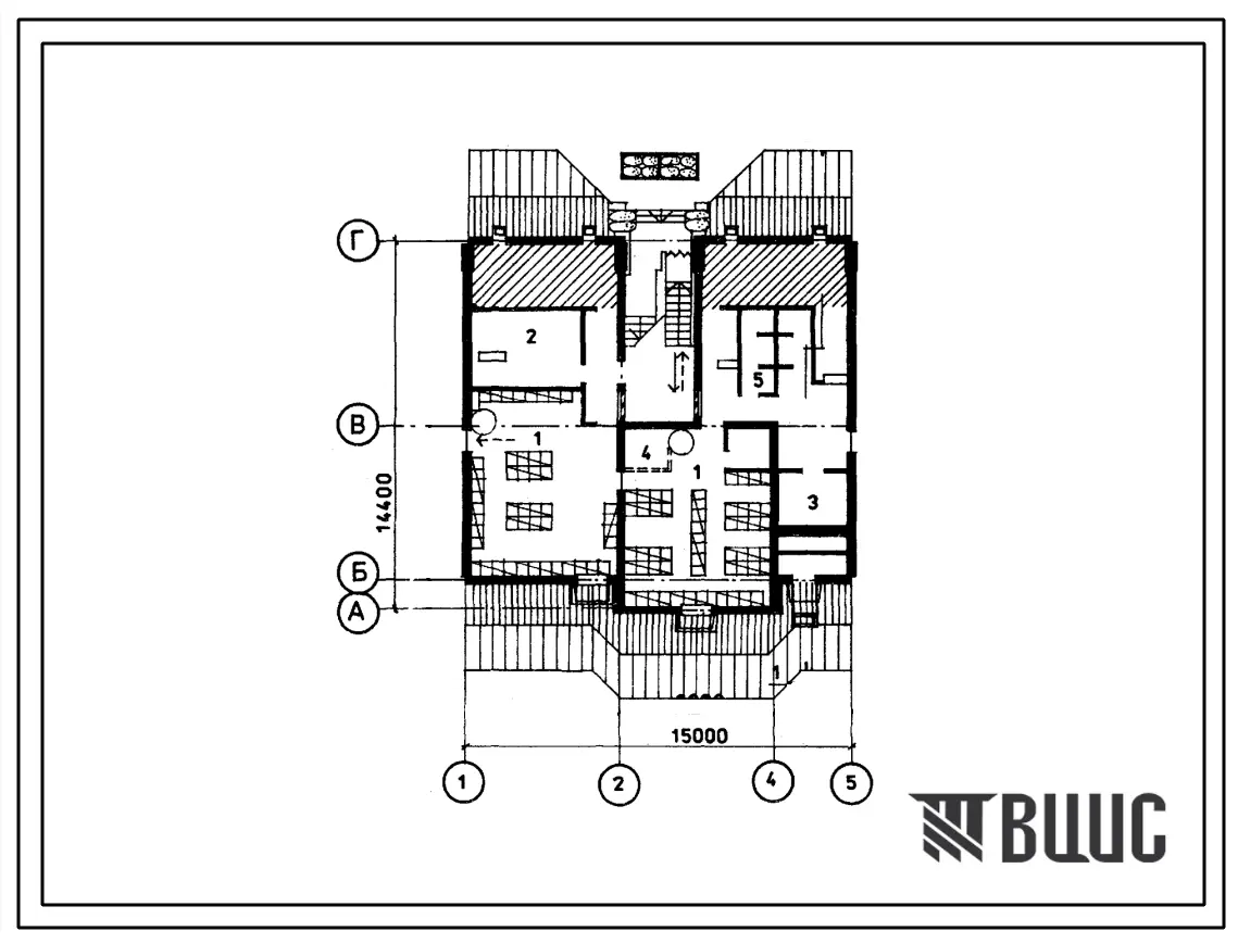 Типовой проект П-4-130(104-082.13.88) Помещения подвала двухэтажной 4-квартирной рядовой блок-секции 3-4, (убежище на 130 человек, размеры убежища 15м на 14,4м, режимы вентиляции 1,2,3).