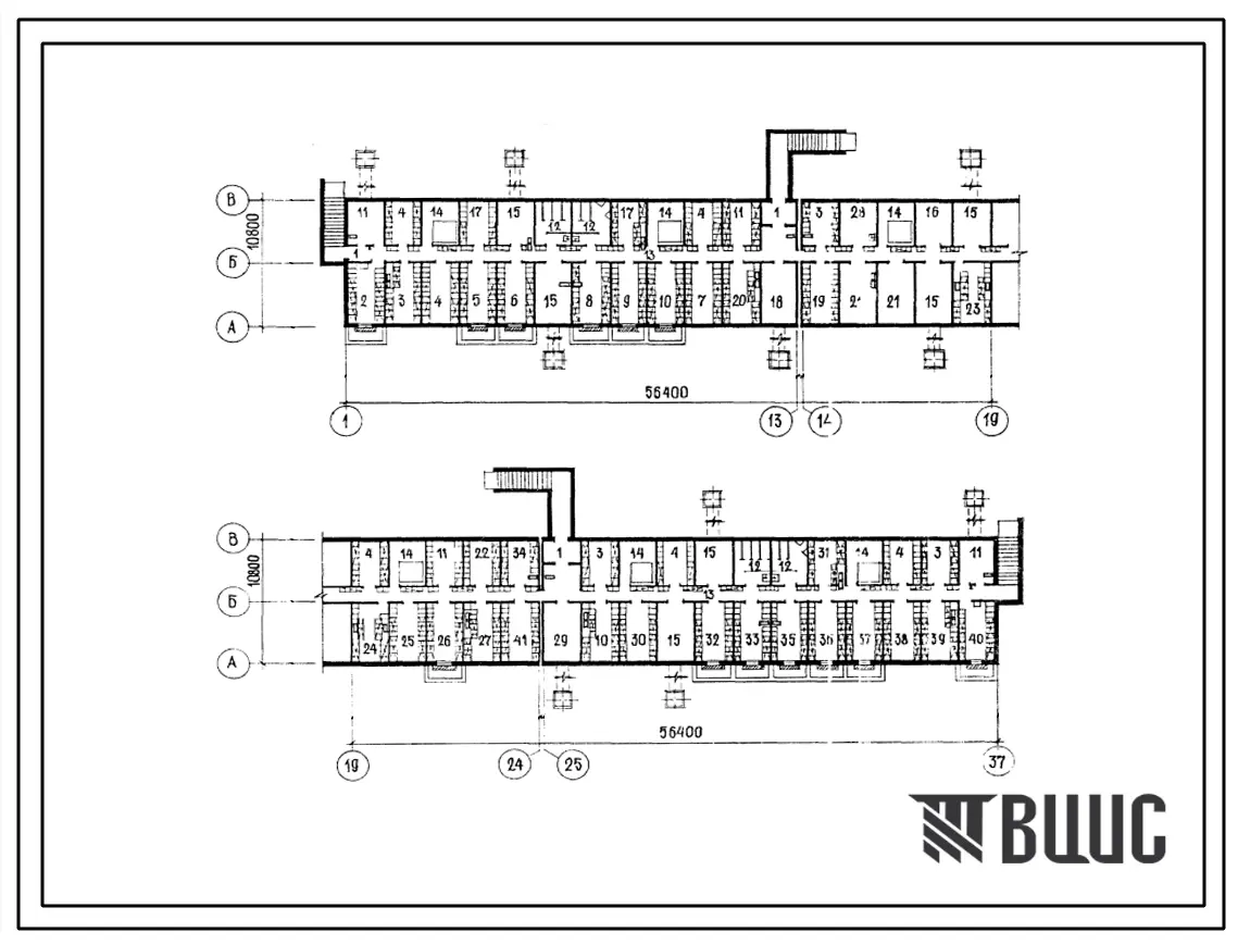 Типовой проект П-4-1245(148-057сп.13.86(148-058сп.13.86)) Помещения общественного назначения, размещаемые в подвале 9-этажного жилого дома, (убежище на 1245 человек, размеры убежища 56,4м на 10,8м, режимы вентиляции 1,2,3).