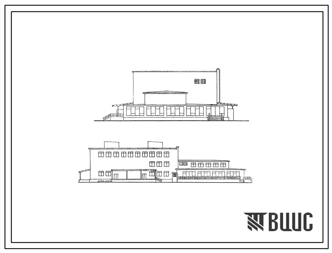 Типовой проект 2с-07-5  Комбинат полуфабрикатов на 15 тонн перерабатываемого сырья в 2 смены со столовой на 188 мест. Здание двух- и трехэтажное с подвалом. Стены кирпичные.