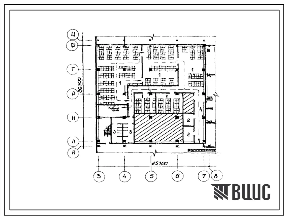 Типовой проект П-1-600(272-12-61с) Складские помещения в подвале универмага торговой площадью 4500 кв. метров, (убежище на 600 человек, размеры убежища 26,2м на 25,1м, режимы вентиляции 1,2).