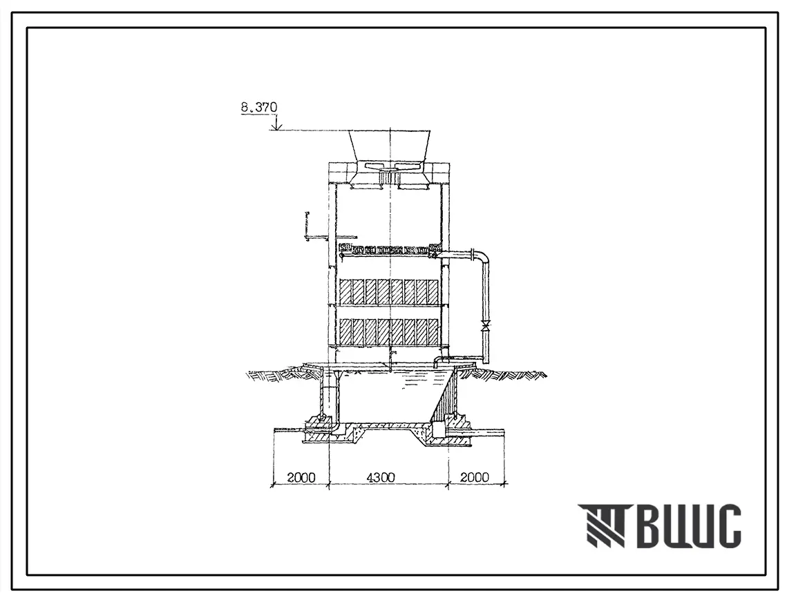 Типовой проект 901-6-68.84 Градирня двухсекционная с вентиляторами 3ВГ25 пленочная с секиями площадью 16 кв.м со стальным каркасом и пластмассовым оросителем