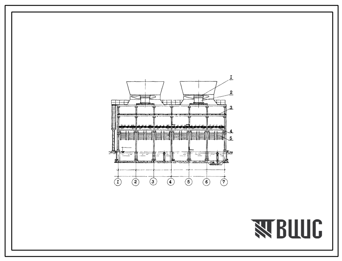 Типовой проект 901-6-62 Градирня с вентиляторами 2ВГ70 брызгальная с секиями площадью 192 кв.м с каркасом из железобетонных элементов