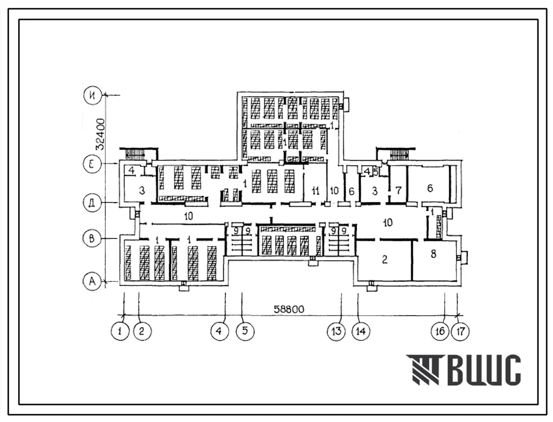 Типовой проект П-4-800(221-1-398.84) Хозяйственно-бытовые помещения в подвале средней школы на 18 классов (689-704 учащихся), (убежище на 800 человек, размеры убежища 58,8м на 32,4м, режимы вентиляции 1,2).