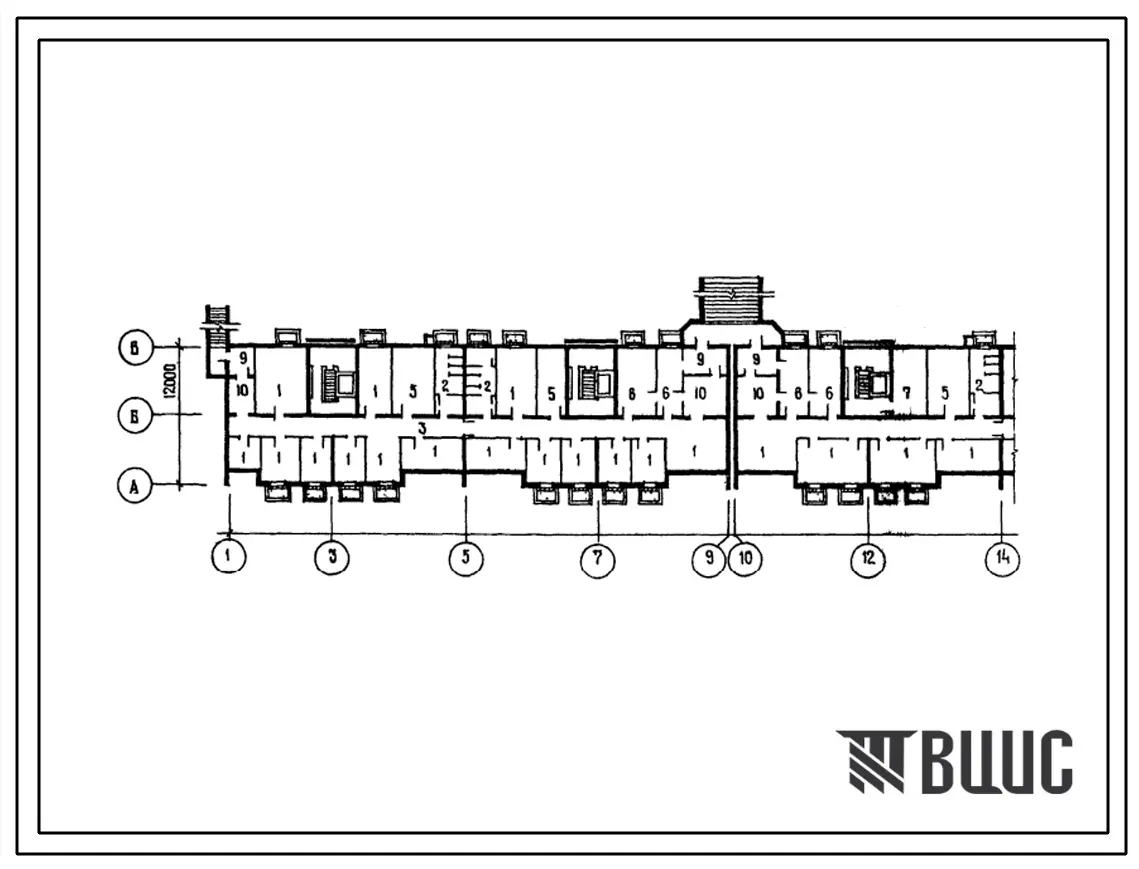 Типовой проект П-3-1200(113-87-71.2.87) Помещения общественного назначения , размещаемые в подвале 9-этажного щестисекционного дома на 215 квартир, (убежище на 1200 человек, размеры убежища 142,66м на 12м, режимы вентиляции 1,2).