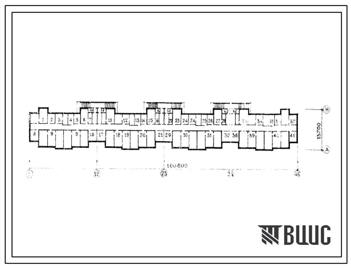 Типовой проект Б-1-1800-80/309 Помещения общественного назначения в подвале 9-этажного 4-секционного жилого дома со сквозным проходом, (убежище на 1800 человек, размеры убежища 100,8м на 13,7м, режимы вентиляции 1,2).