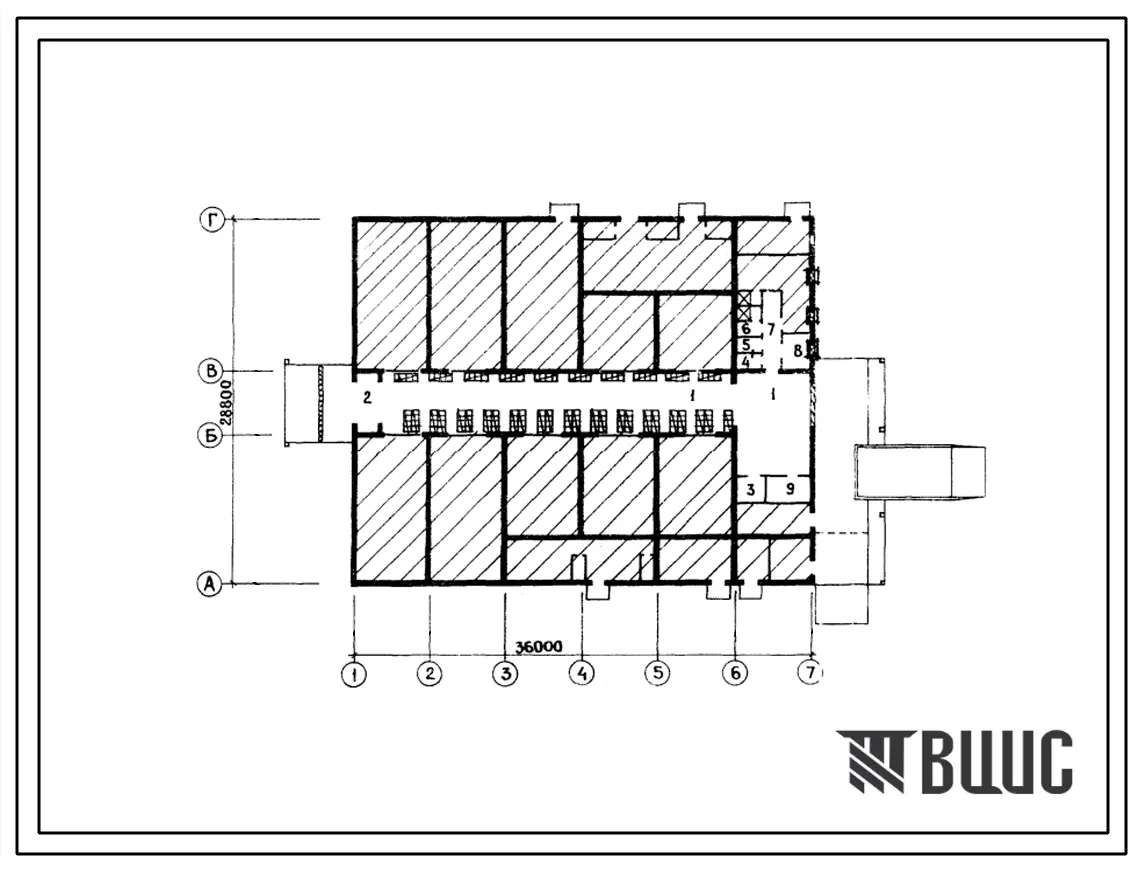 Типовой проект Б-3-204(813-2-9с) Помещения 1 этажа комбинированного картофель-овощехранилища емкостью 500 тонн, (убежище на 204 человек, размеры убежища 36м на 28,8м, режимы вентиляции 1,2,3).