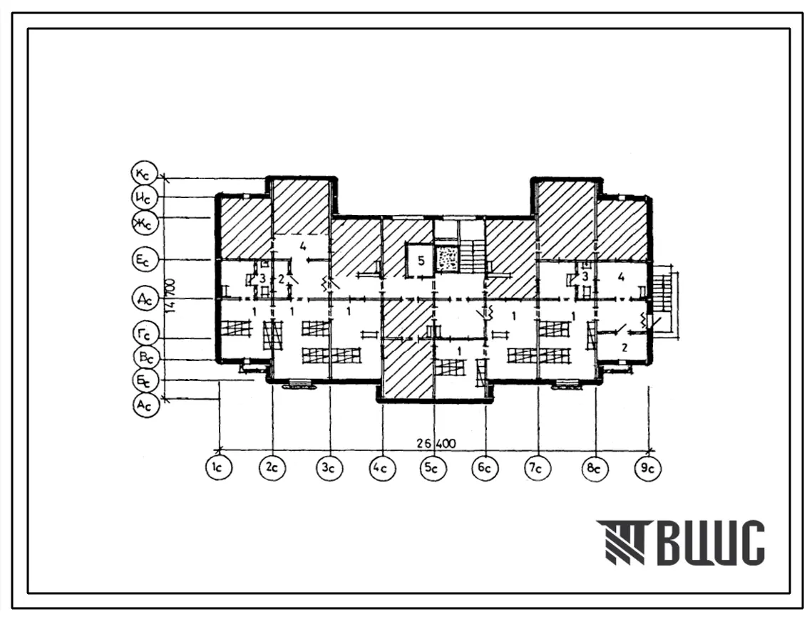 Типовой проект П-4-100(138-033с.13.86) Помещения хозяйственного назначения в подвале 36-квартирной 9-этажной рядовой  блок-секции, (убежище на 100 человек, размеры убежища 26,4м на 14,7м, режимы вентиляции 1,2).