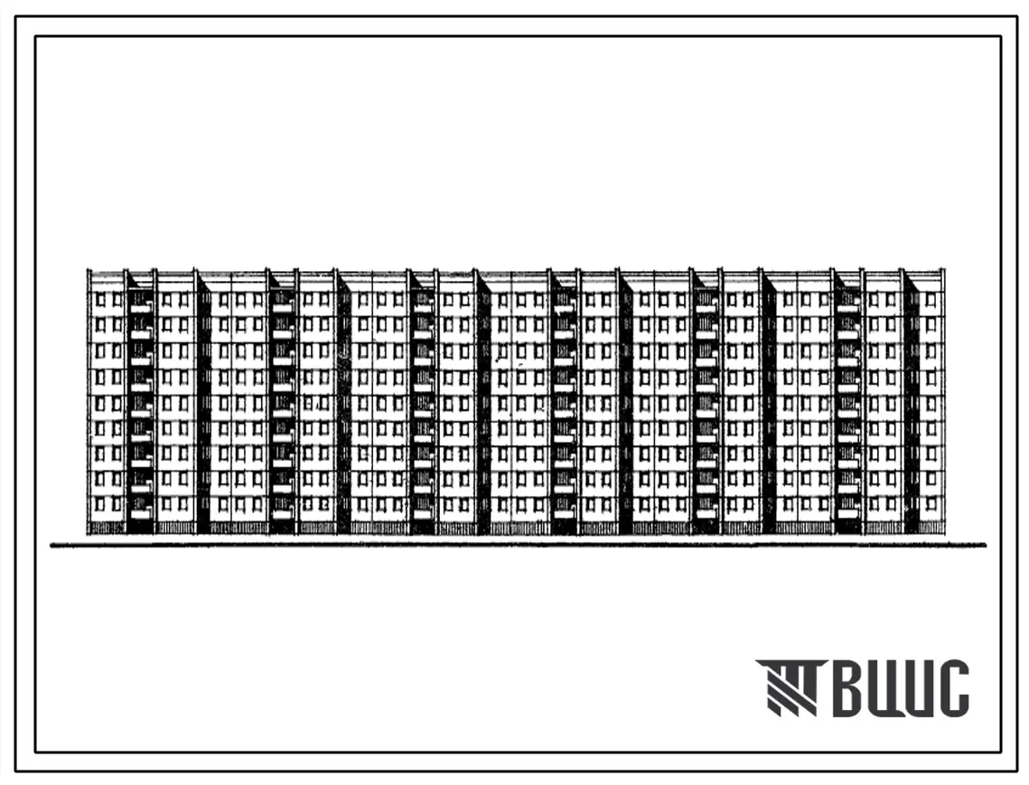 Типовой проект 111-97-24 Девятиэтажный крупнопанельный шестисекционный жилой дом на 162 квартиры (однокомнатных 1А-1, двухкомнатных 2Б-53, трехкомнатных 3Б-54, четырехкомнатных 4Б-54) с шагом поперечных стен 3,0 и 4,5 для строительства в 1В климатическом