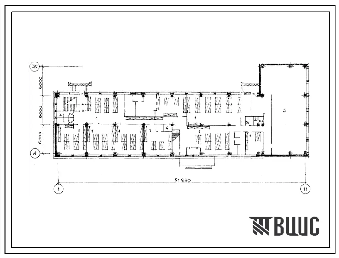 Типовой проект Б-3-600(222-1-370с) Двойное помещения первого этажа общеобразовательных школы на 8 классов(192 учащихся), (убежище на 600 человек, размеры убежища 51,95м на 18м, режимы вентиляции 1,2).