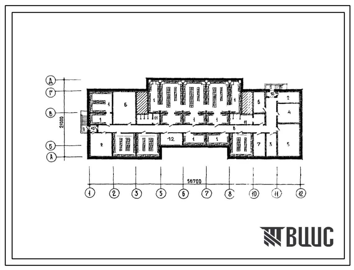Типовой проект П-2(П-4)-835(221-1-435.85) Хозяйственно-бытовые помещения подвала неполной средней школы на 9 классов, (убежище на 835 человек, размеры убежища 56,7м на 21м, режимы вентиляции 1,2).