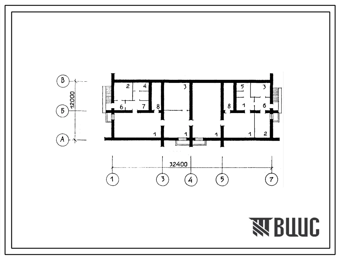 Типовой проект Б-2-400-78.285(115-34-9с.1) Хозяйственно-бытовые помещения,приспосабливаемые под ПРУ в подвале 3этажного 18-квартирного дома, (убежище на 400 человек, размеры убежища 32,4м на 12м, режимы вентиляции 1,2).