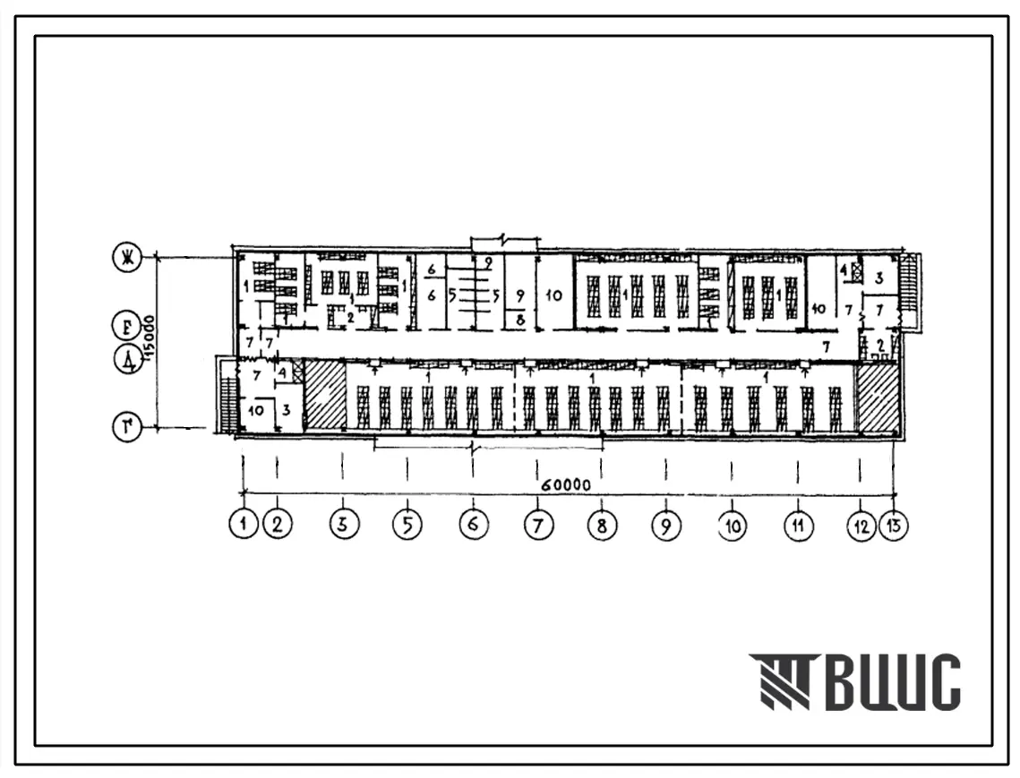Типовой проект П-4-1000(232-1-149с.86) Хозяйственно-бытовые помещения подвала учебного корпуса профессионально-технического училища на 720 учащихся, (убежище на 1000 человек, размеры убежища 60м на 15м, режимы вентиляции 1,2).